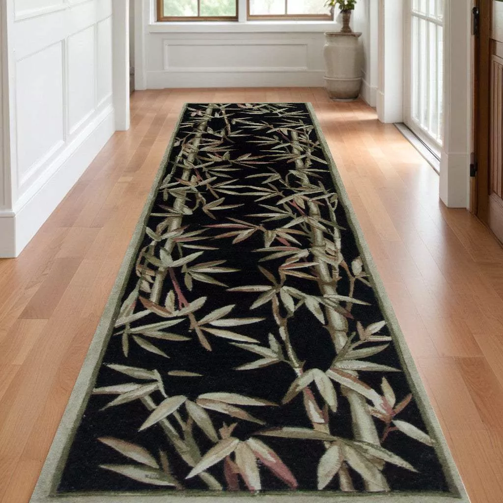 10′ Black Hand Tufted Bordered Tropical Bamboo Indoor Runner Rug