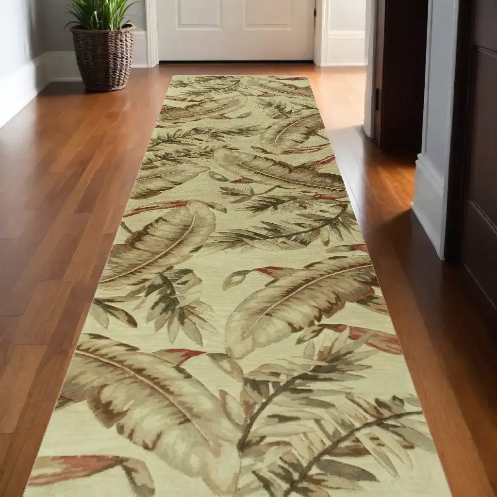 10′ Ivory Hand Tufted Tropical Leaves Indoor Runner Rug