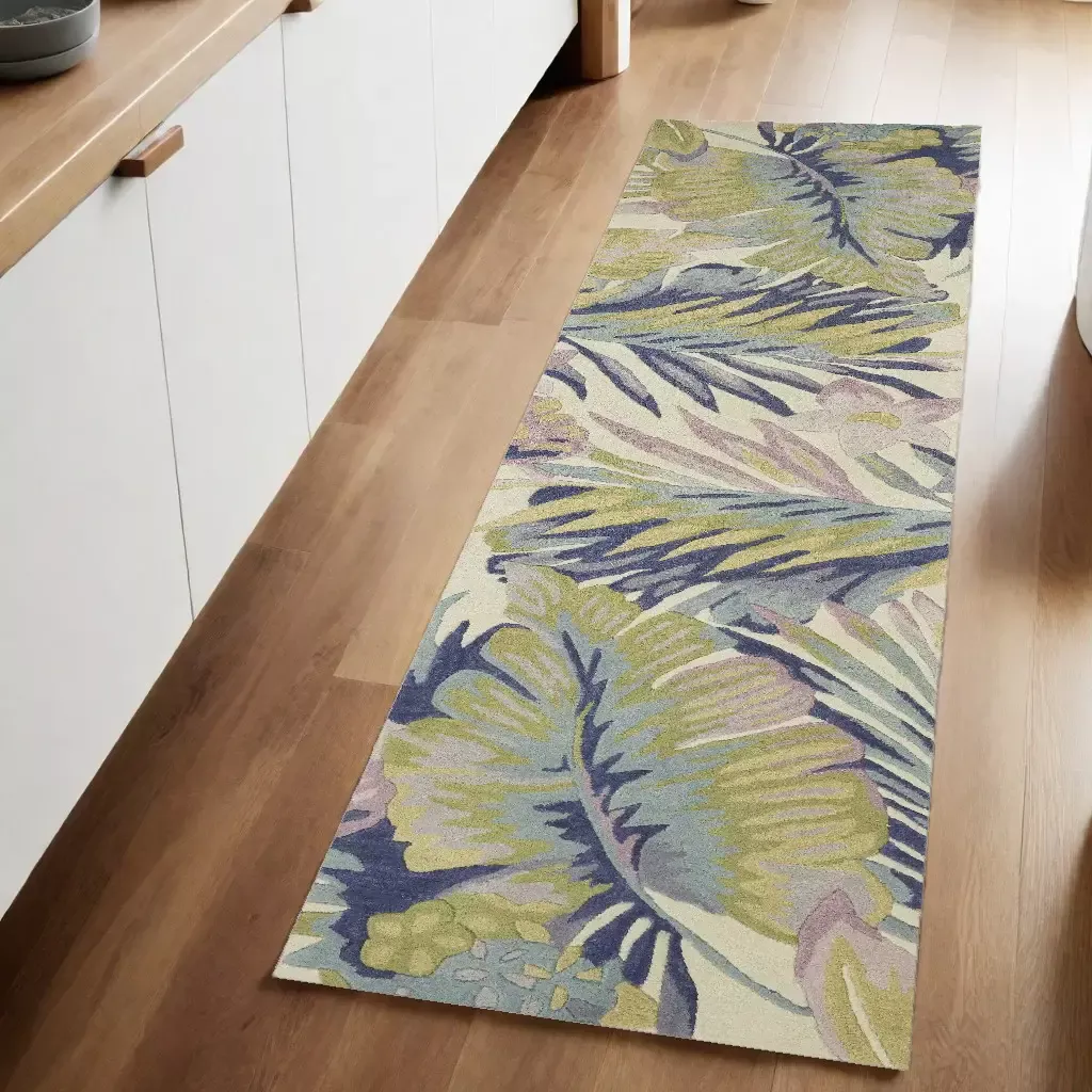 10′ Ivory Pink and Green Wool Tropical Botanical Hand Tufted Runner Rug