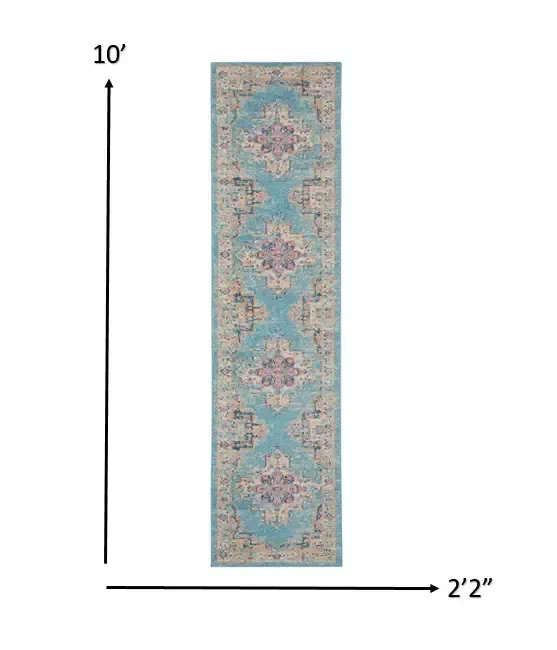 10′ Light Blue Southwestern Power Loom Runner Rug