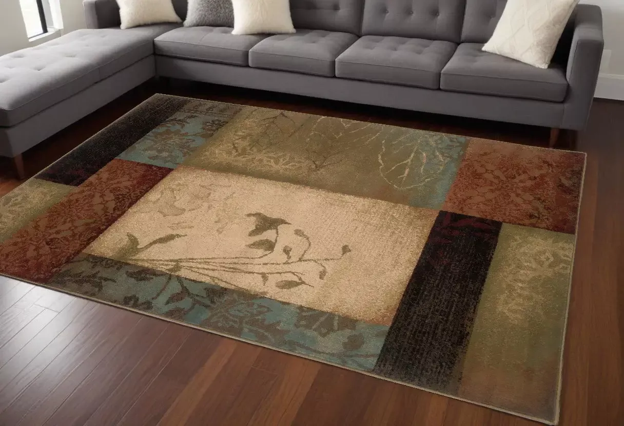 10′ X 13′ Beige And Brown Floral Block Pattern Area Rug