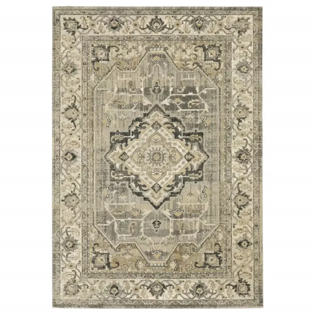 10′ X 13′ Beige And Gray Traditional Medallion Indoor Area Rug