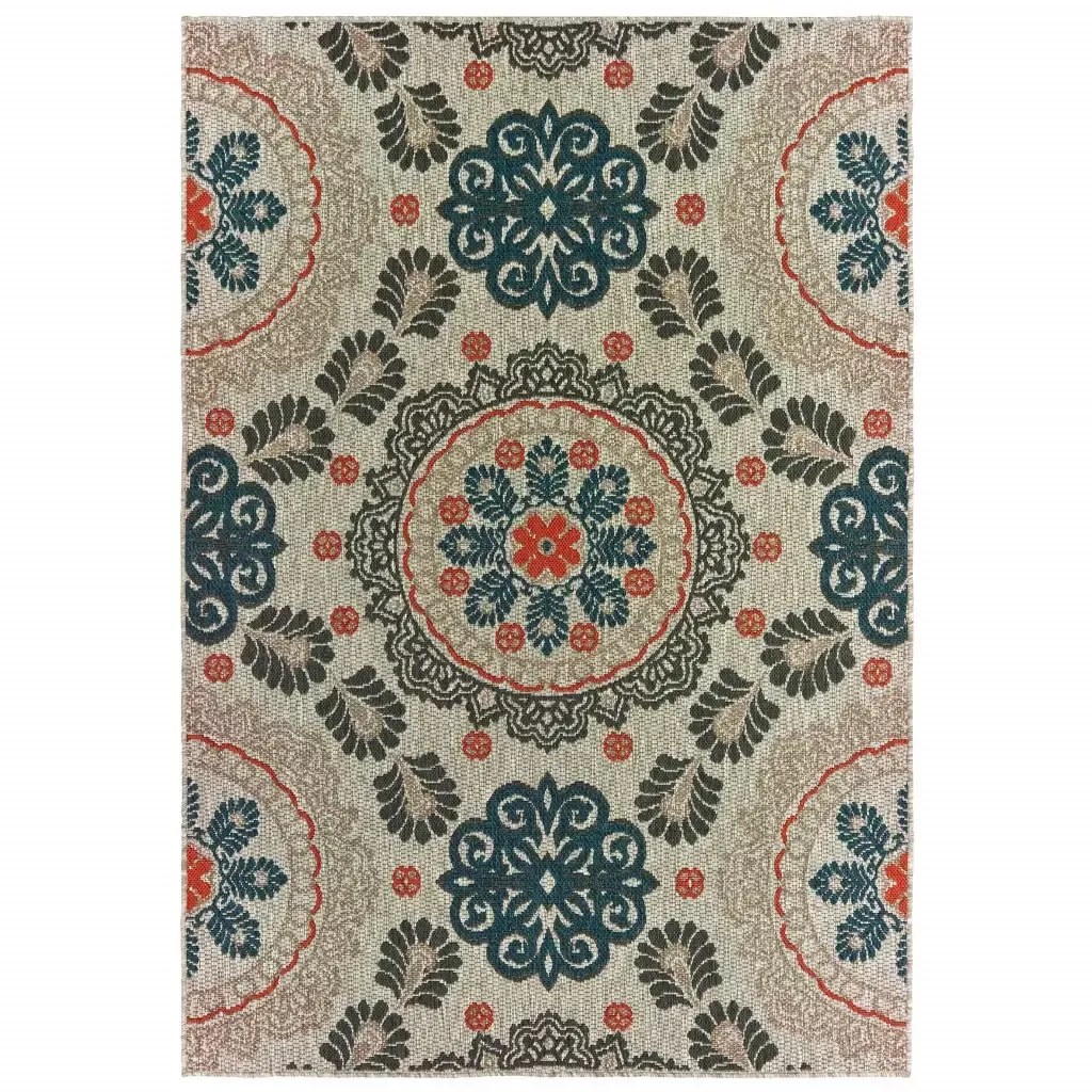 10′ X 13′ Blue and Gray Damask Indoor Outdoor Area Rug