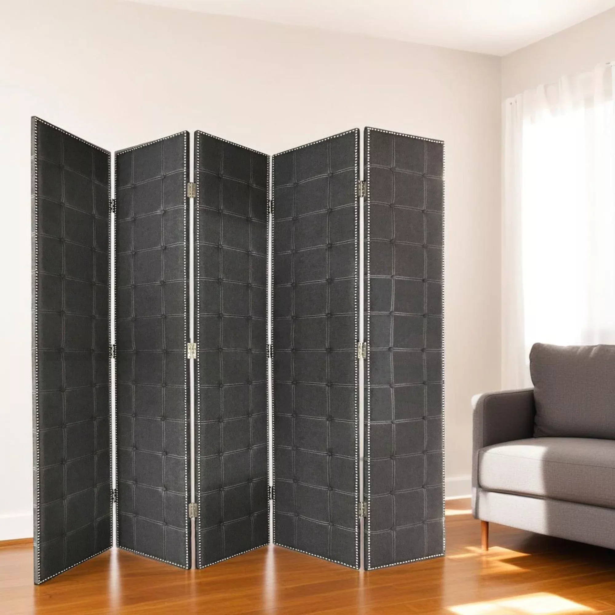 108″ Gray Fabric And Wood Folding Five Panel Screen Room Divider