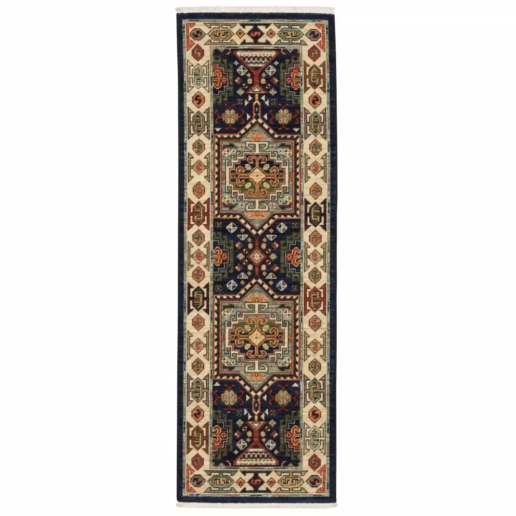 12′ Blue Ivory Machine Woven Medallion Indoor Runner Rug