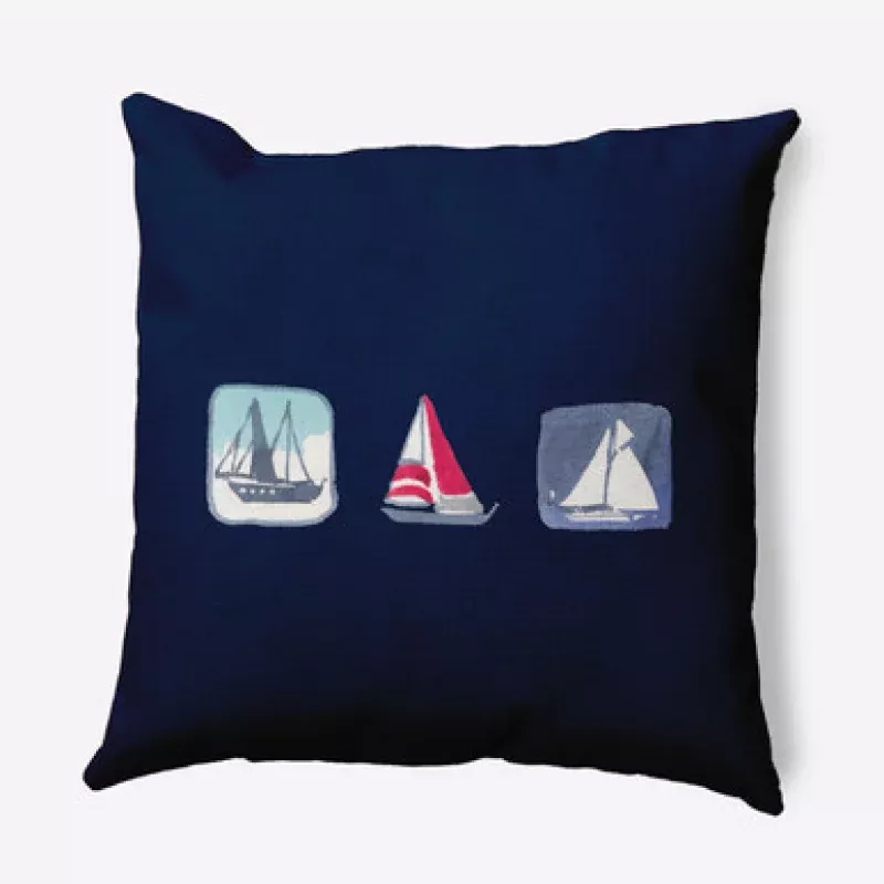 16 x 16 Blue & White Boat Trio Square Outdoor Throw Pillow | Pool Central