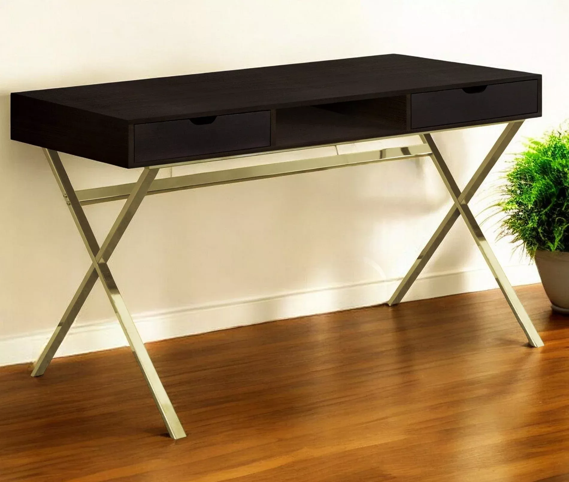 24" Dark Brown and Gold Computer Desk With Two Drawers