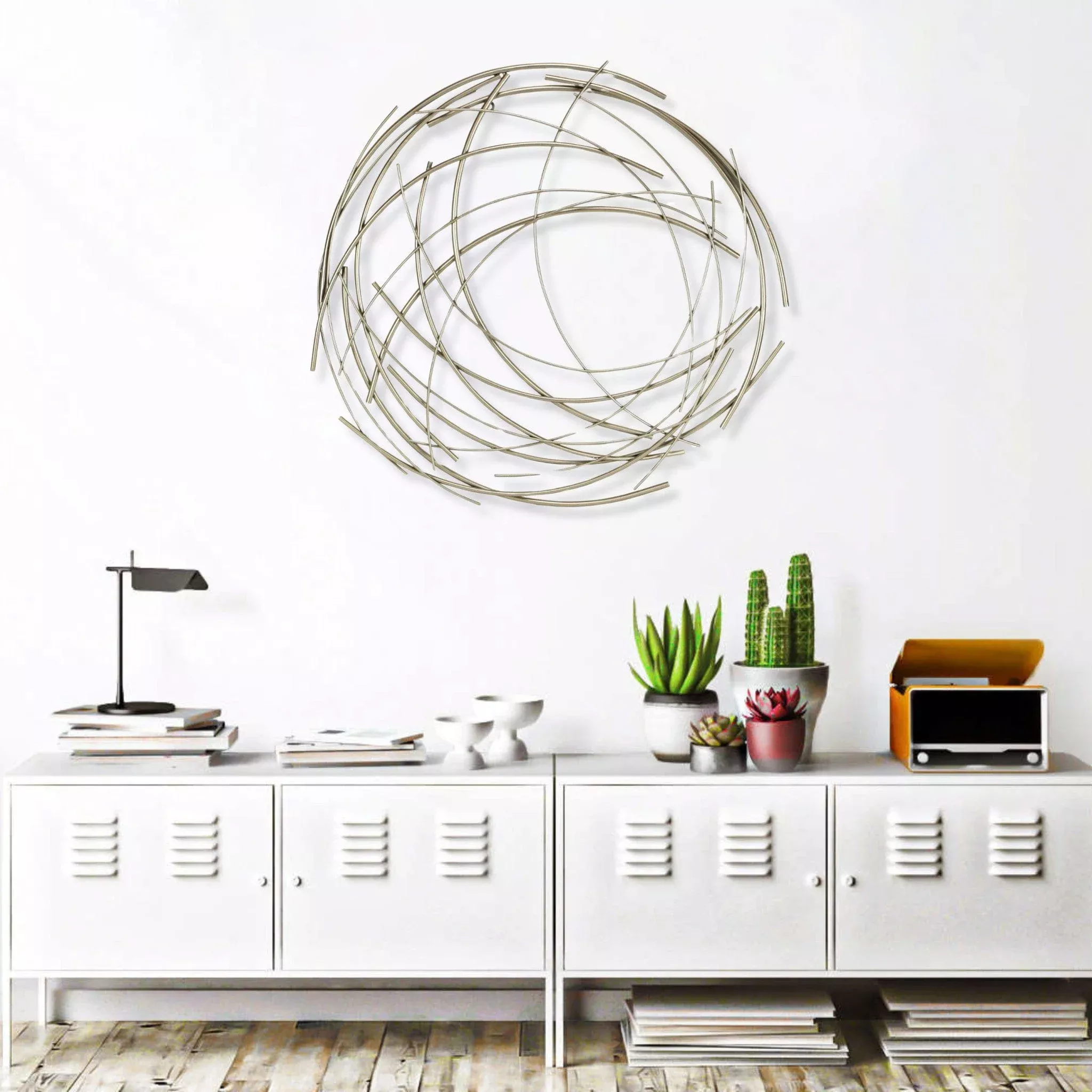 26" Silver Metal Abstract Round Hanging Wall Art Decor