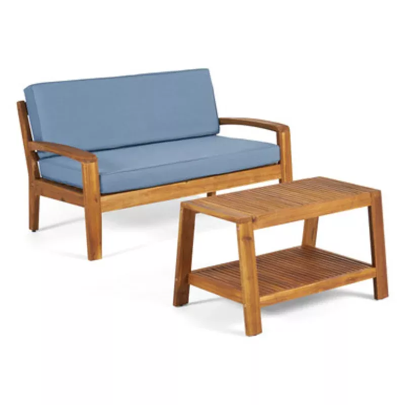 2pc Blue & Brown Outdoor Loveseat with Coffee Table 52 | Pool Central