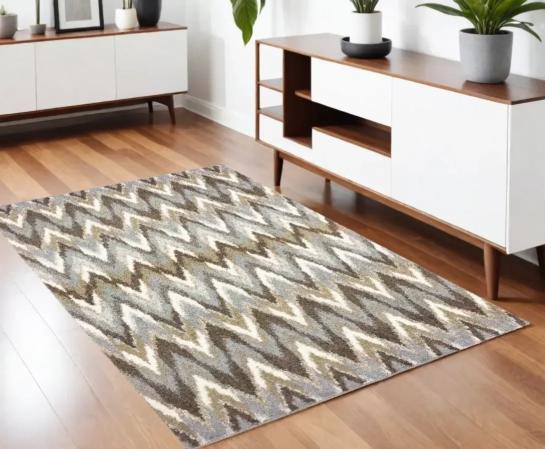 4' X 6' Gray And Taupe Ikat Pattern Area Rug
