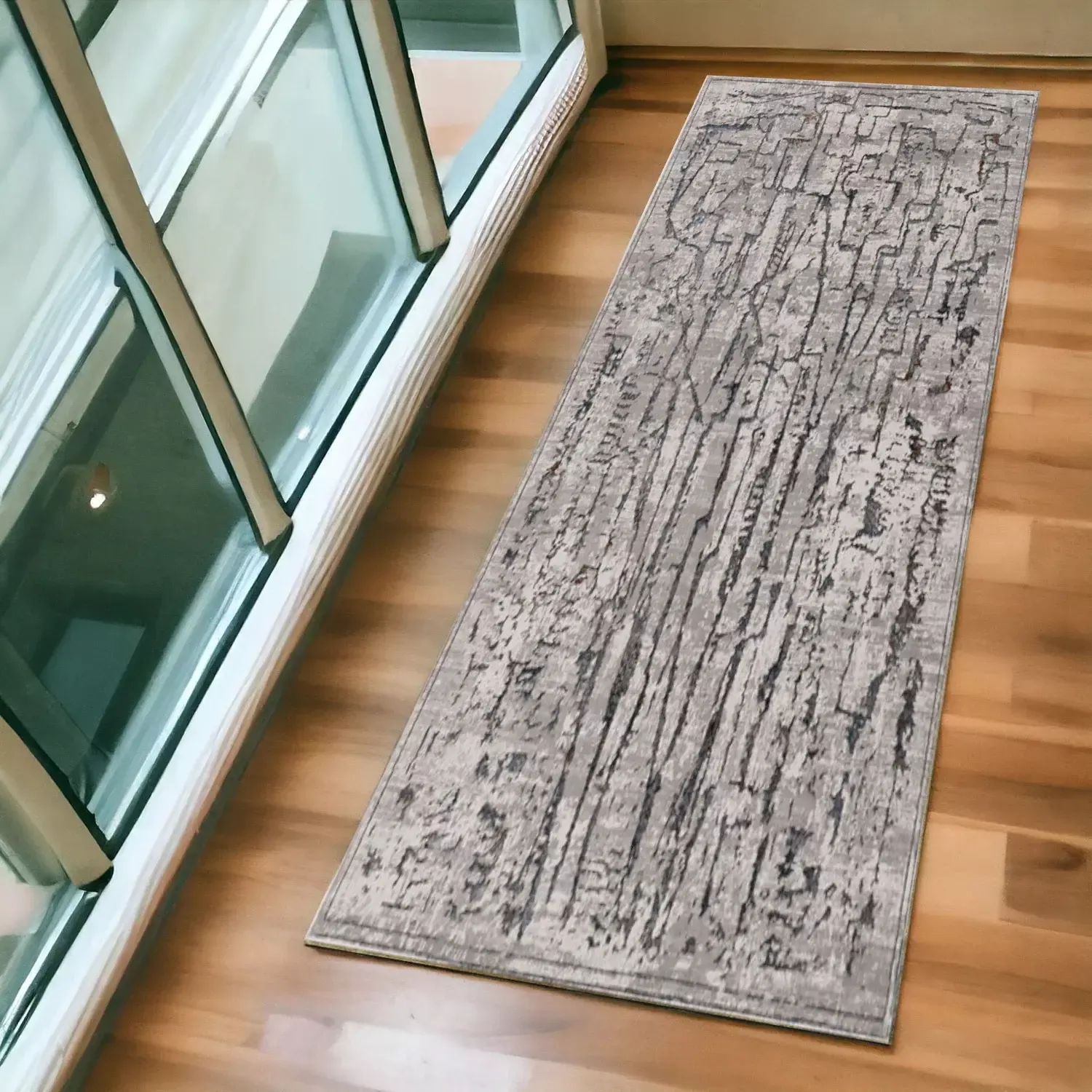 7' Grey Machine Woven AbstractIndoor Runner Rug