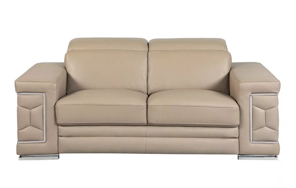 71" Beige And Silver Genuine Leather Love Seat