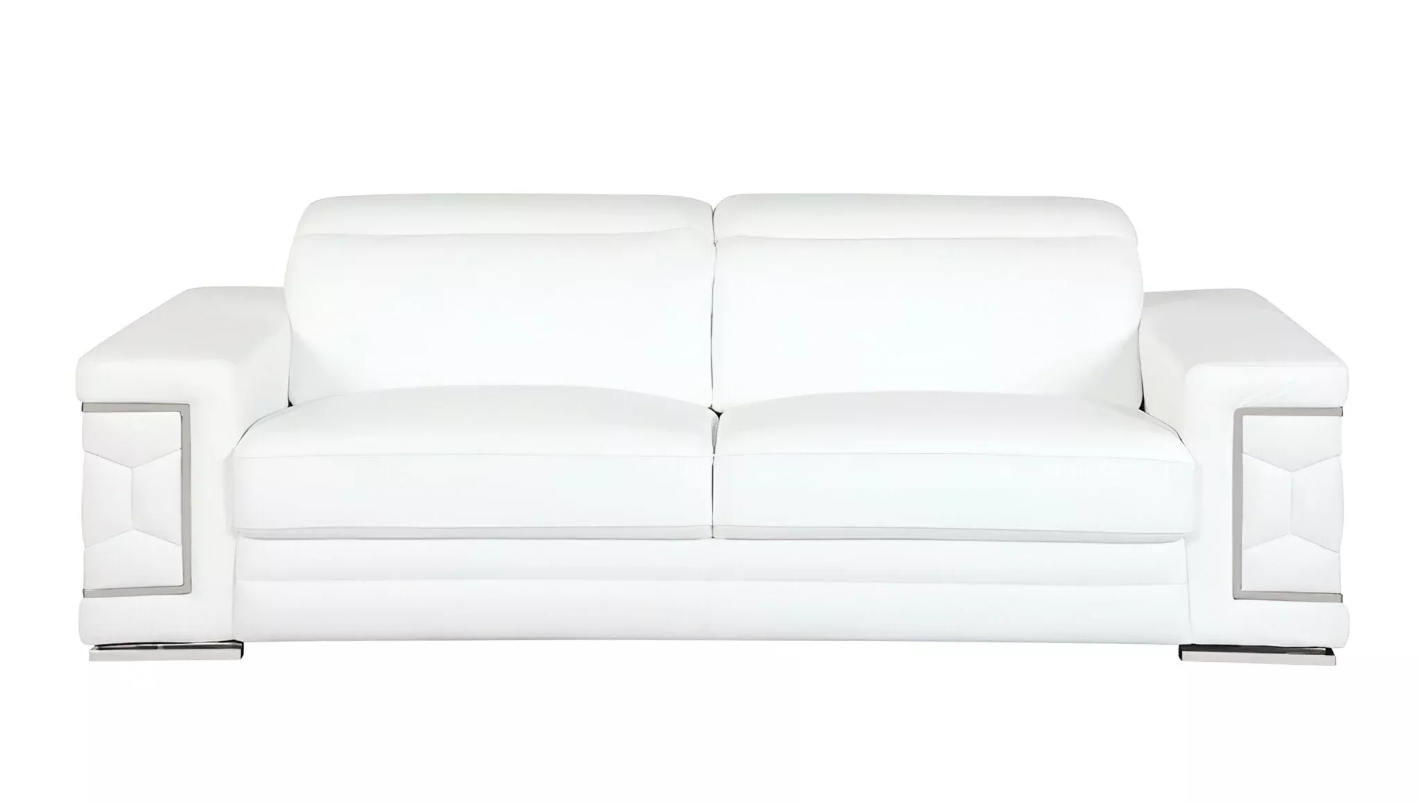 89" White Italian Leather Sofa With Silver Legs
