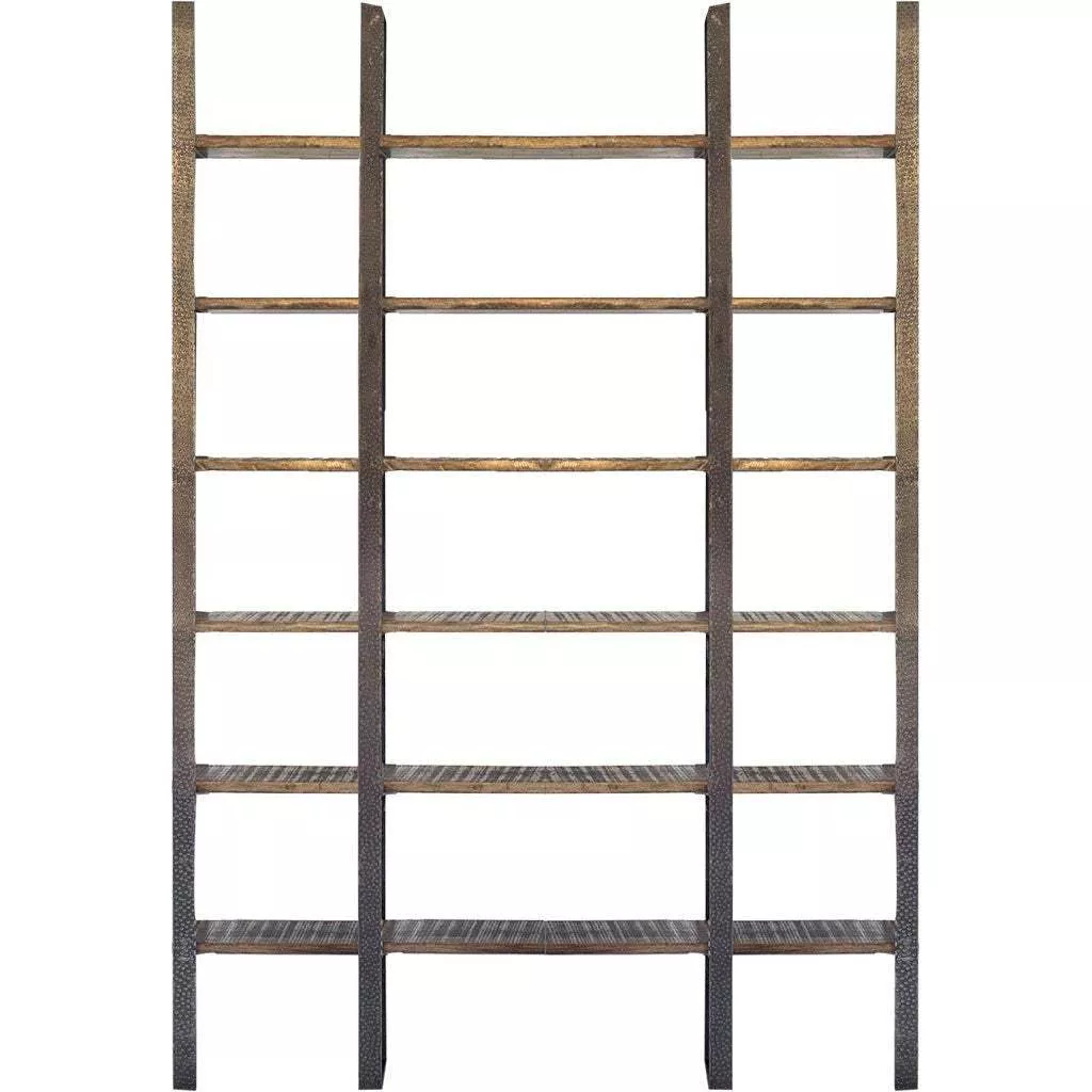 90" Brown Distressed Iron and Solid Wood Six Tier Bookcase