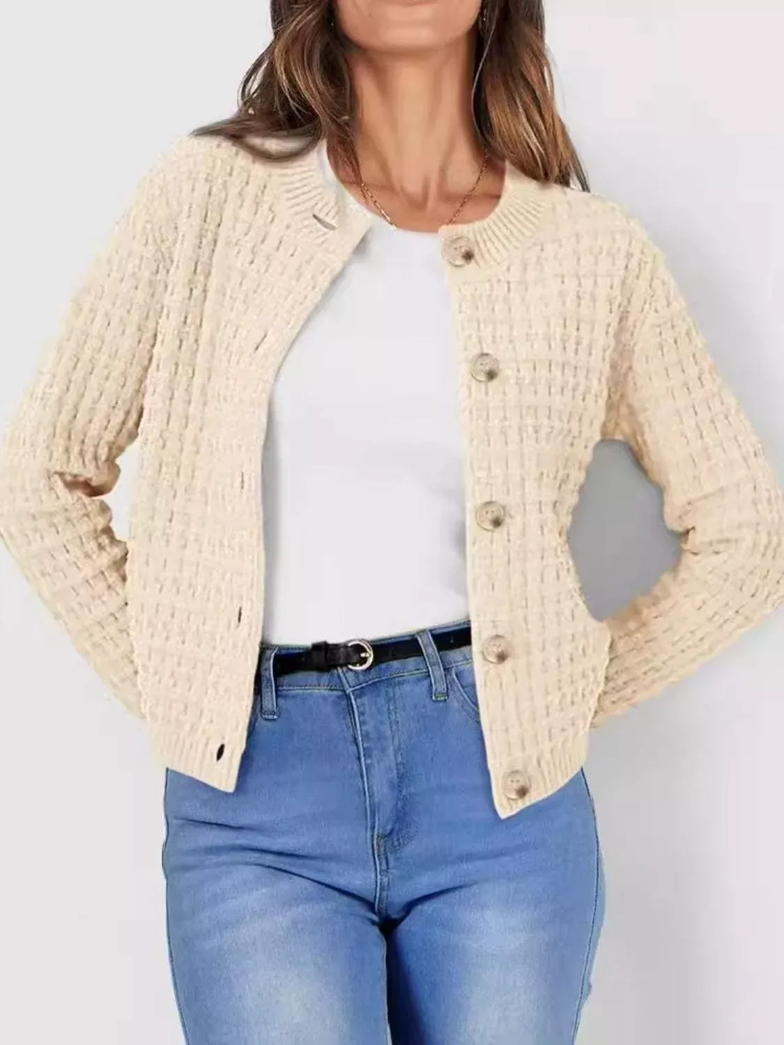 Button Up Round Neck Long Sleeve Cardigan