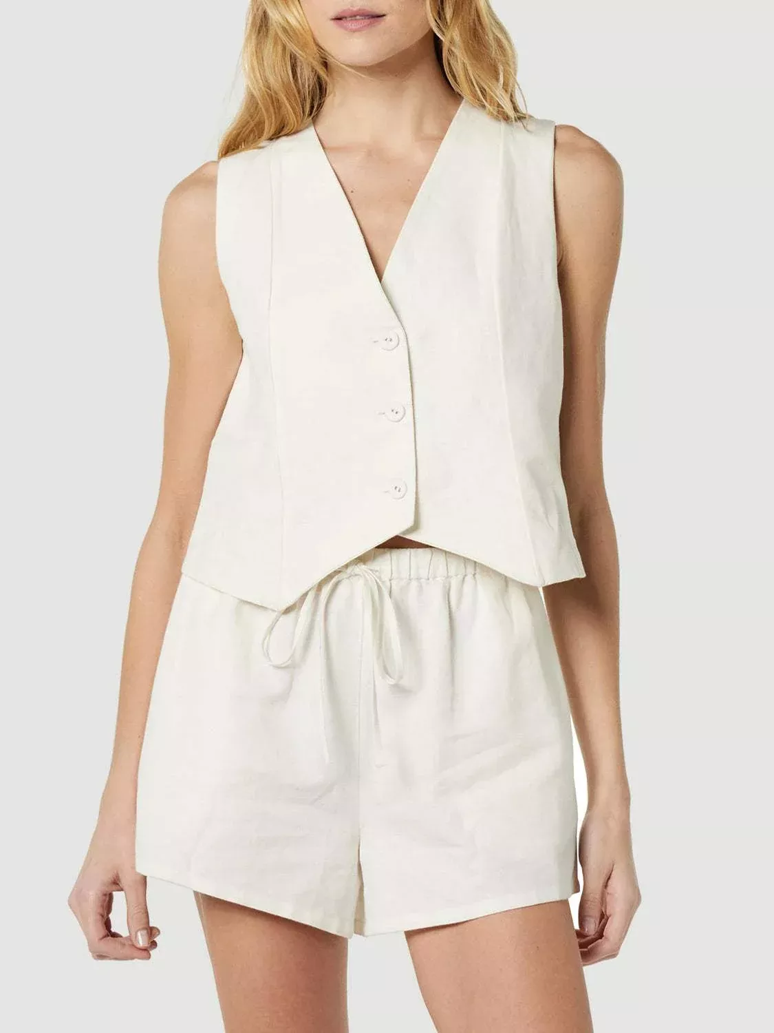 Button Up V-Neck Top and Pocketed Shorts Set