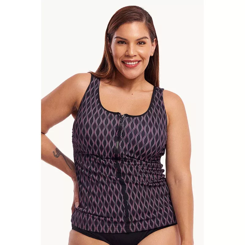 Curvy Queen DD/E Cup Zip Front Tankini Separate