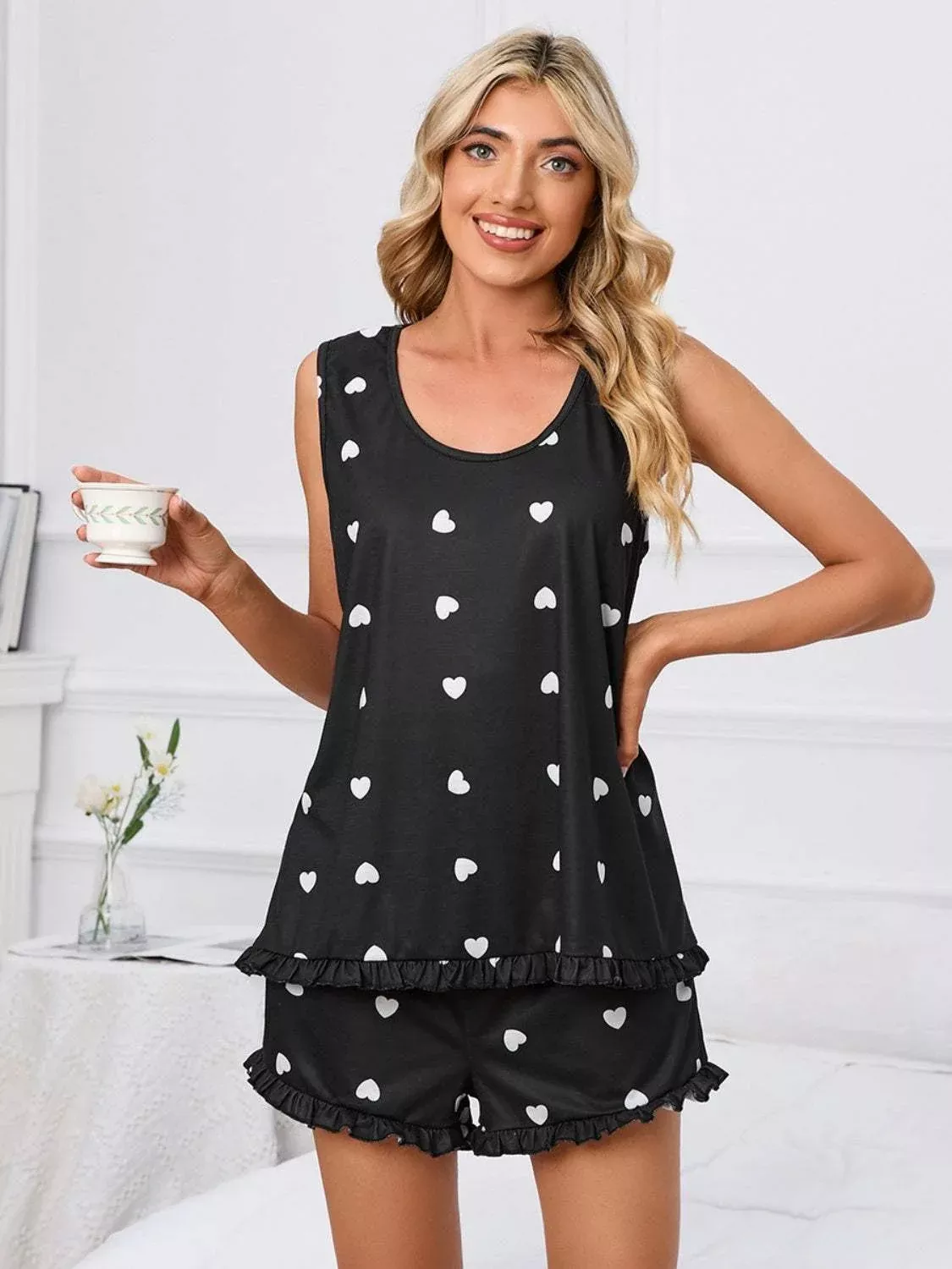 Heart Scoop Neck Tank and Shorts Lounge Set