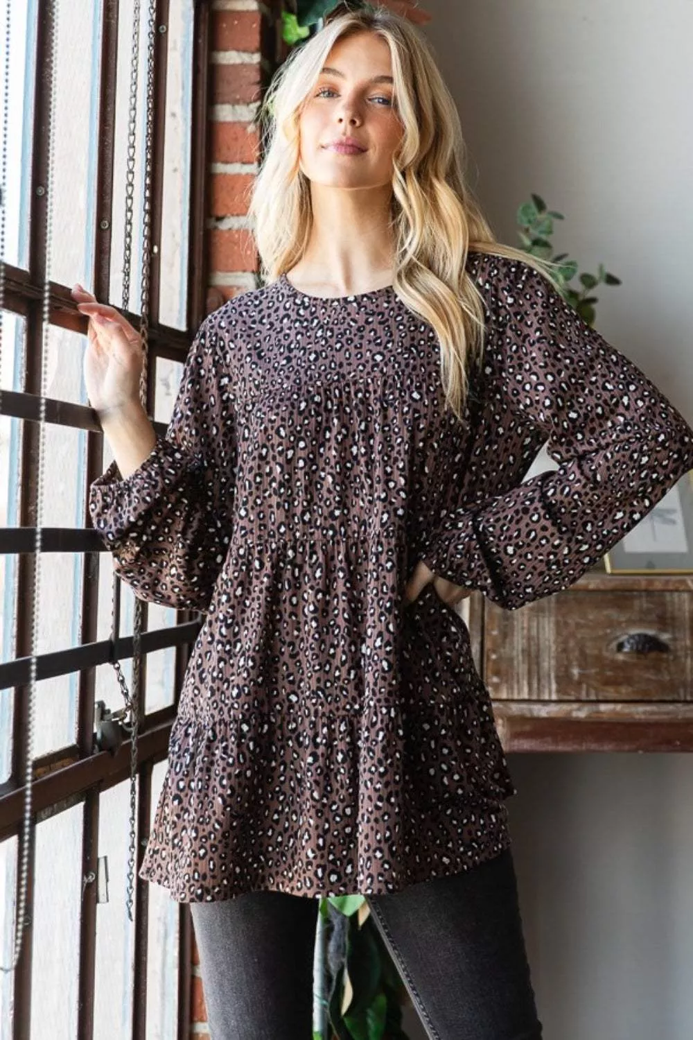Heimish LeopardLong Sleeve Tiered Blouse
