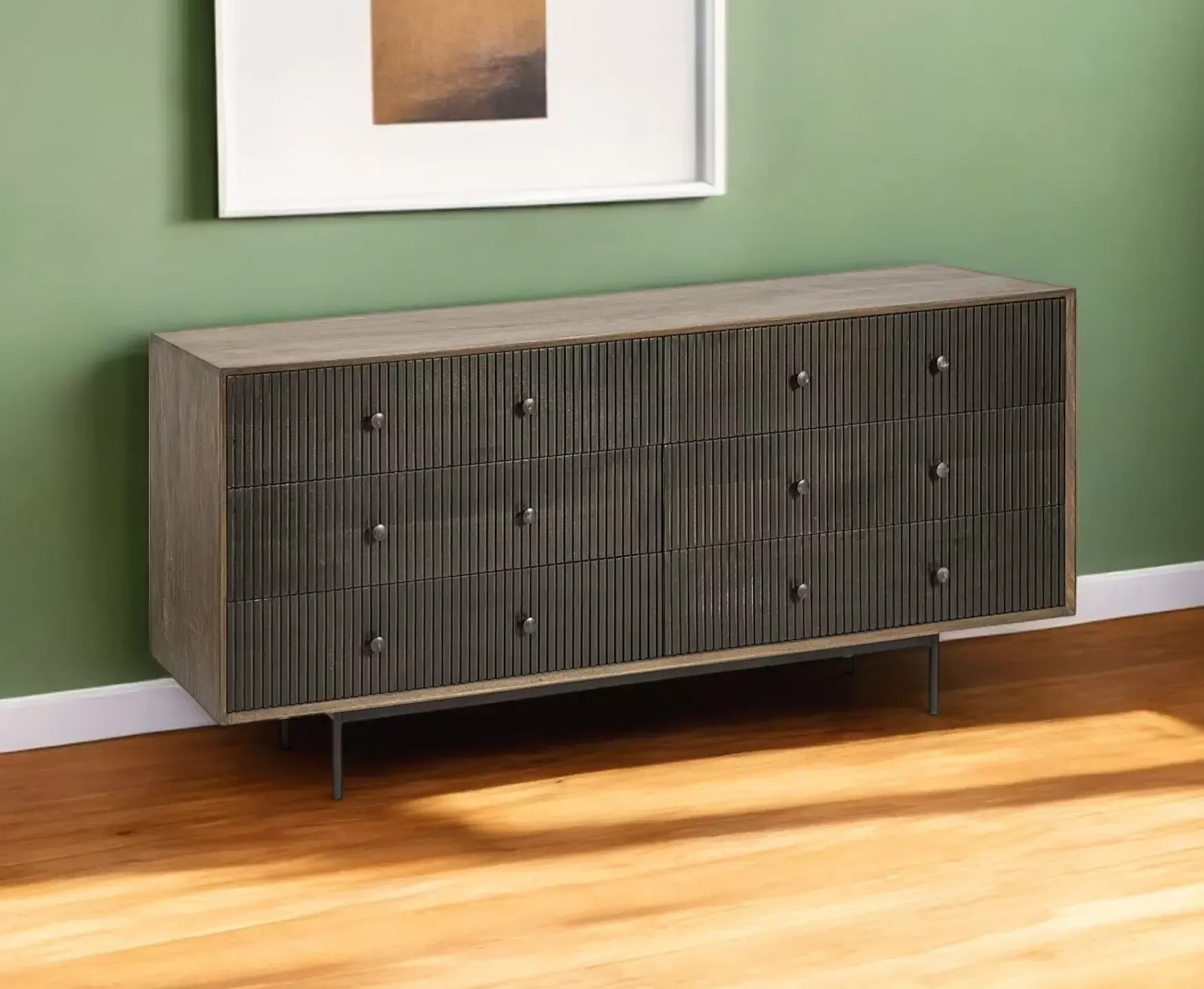 Medium Brown Solid Mango Wood Finish Sideboard With 6 Easy Sliding Drawers