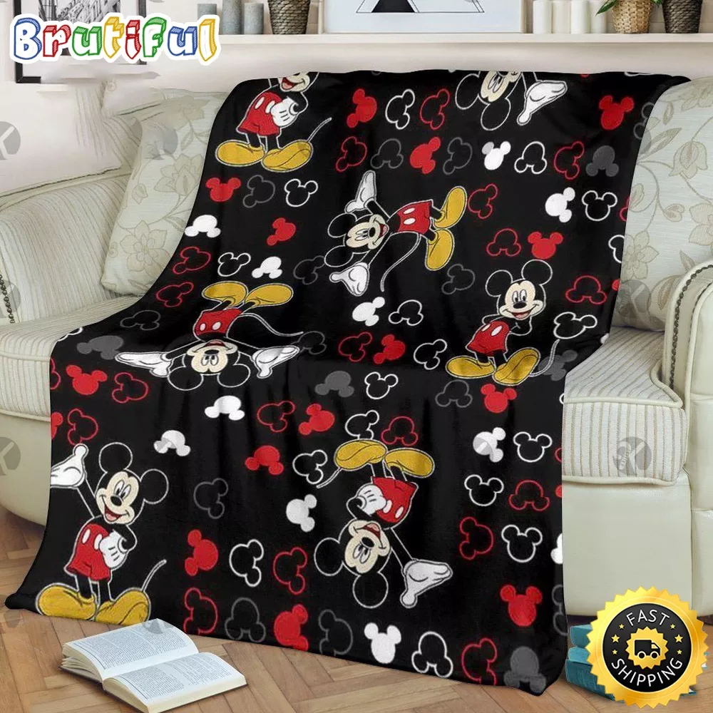 Mickey Mouse Blanket Mickey Mouse Posing Pattern Disney Symbol In Black Background Fleece Blanket
