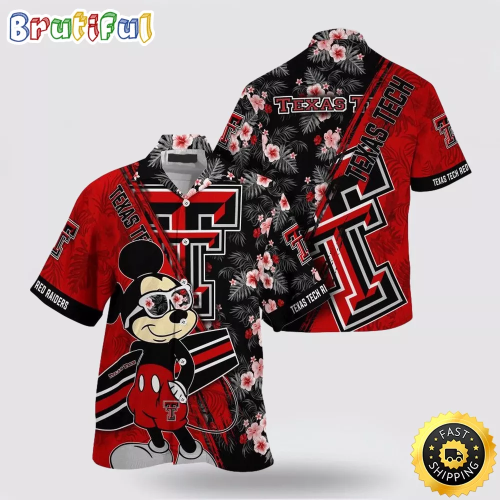 NCAA Texas Tech Red Raiders Hawaiian Shirt Mickey And Floral Pattern