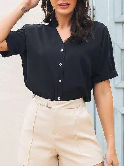 Notched Button Up Short Sleeve Shirt