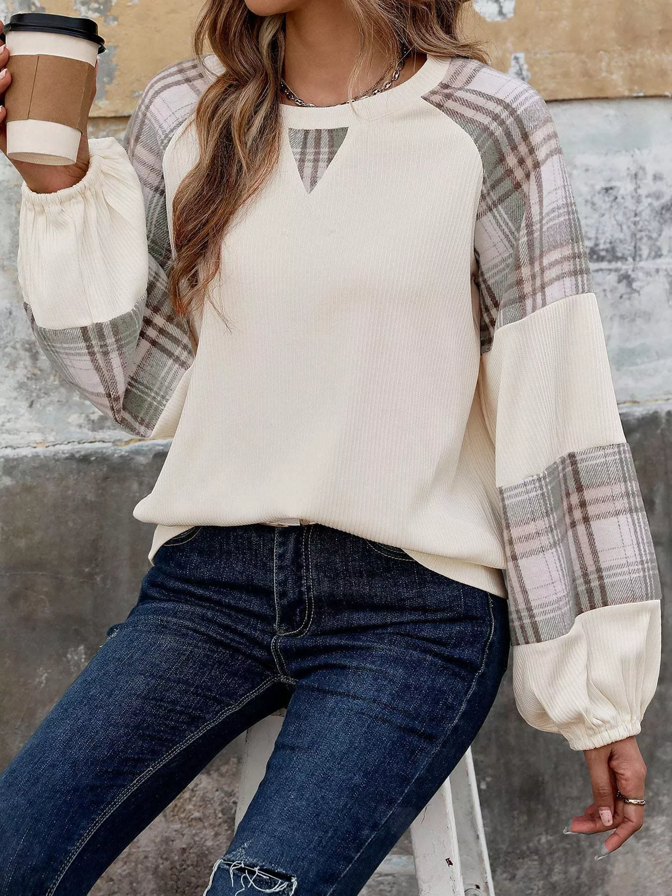 Perfee Plaid Round Neck Long Sleeve Sweatshirt