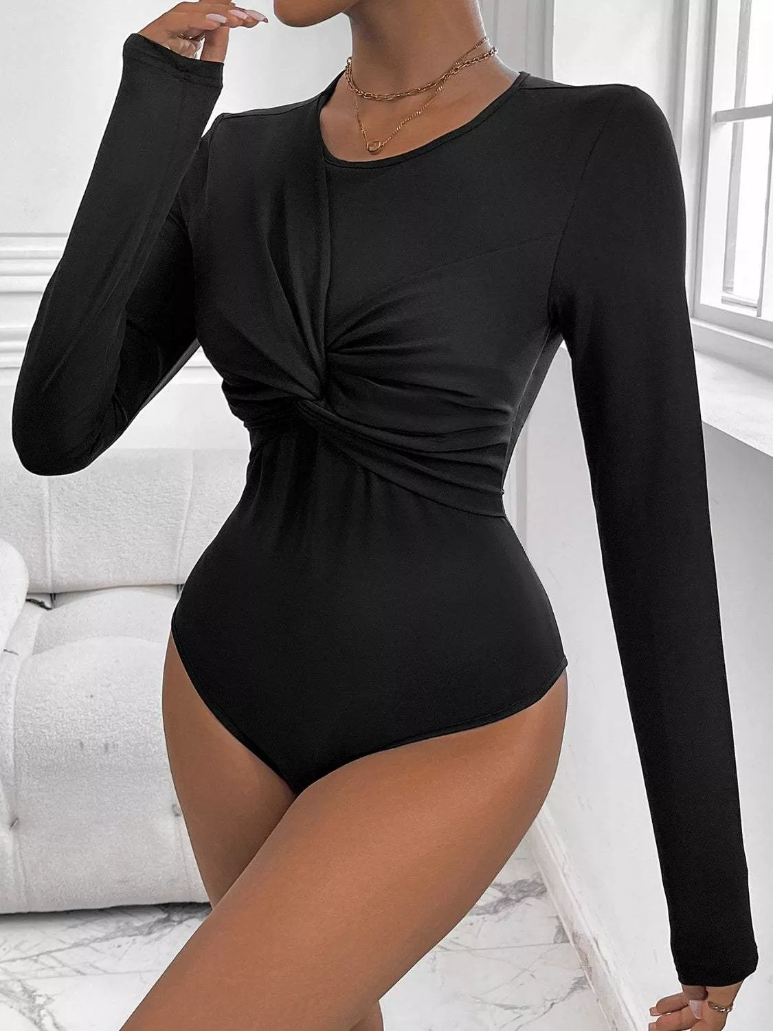 Perfee Twisted Round Neck Long Sleeve Bodysuit