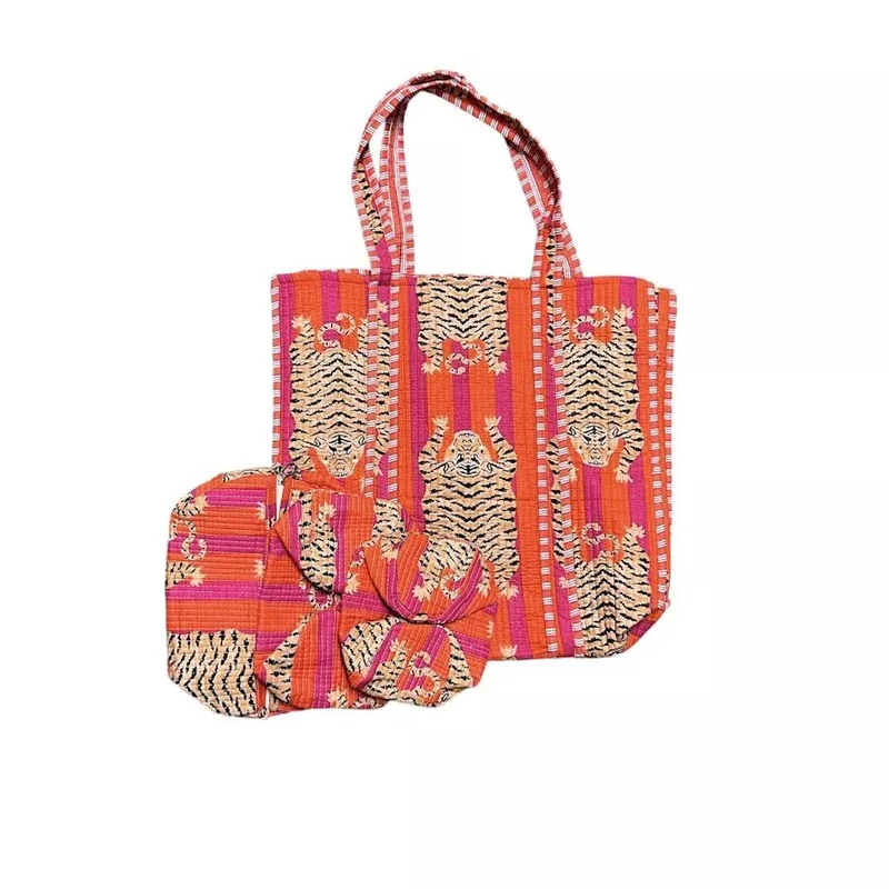PINK ORANGE TOTE AND 3 PC COSMETIC BAG