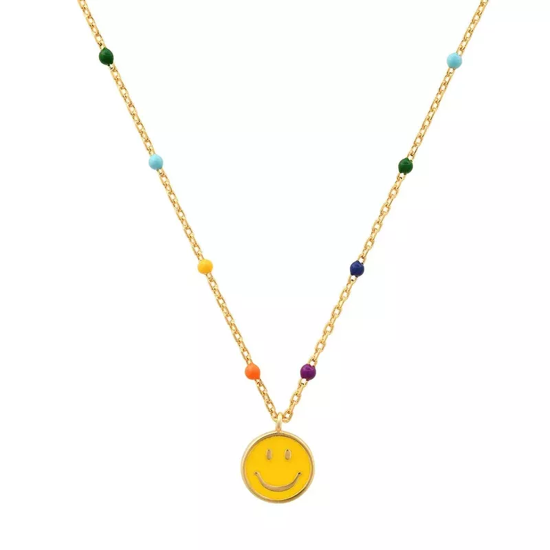 RAINBOW CHAIN YELLOW SMILEY PENDANT NECKLACE