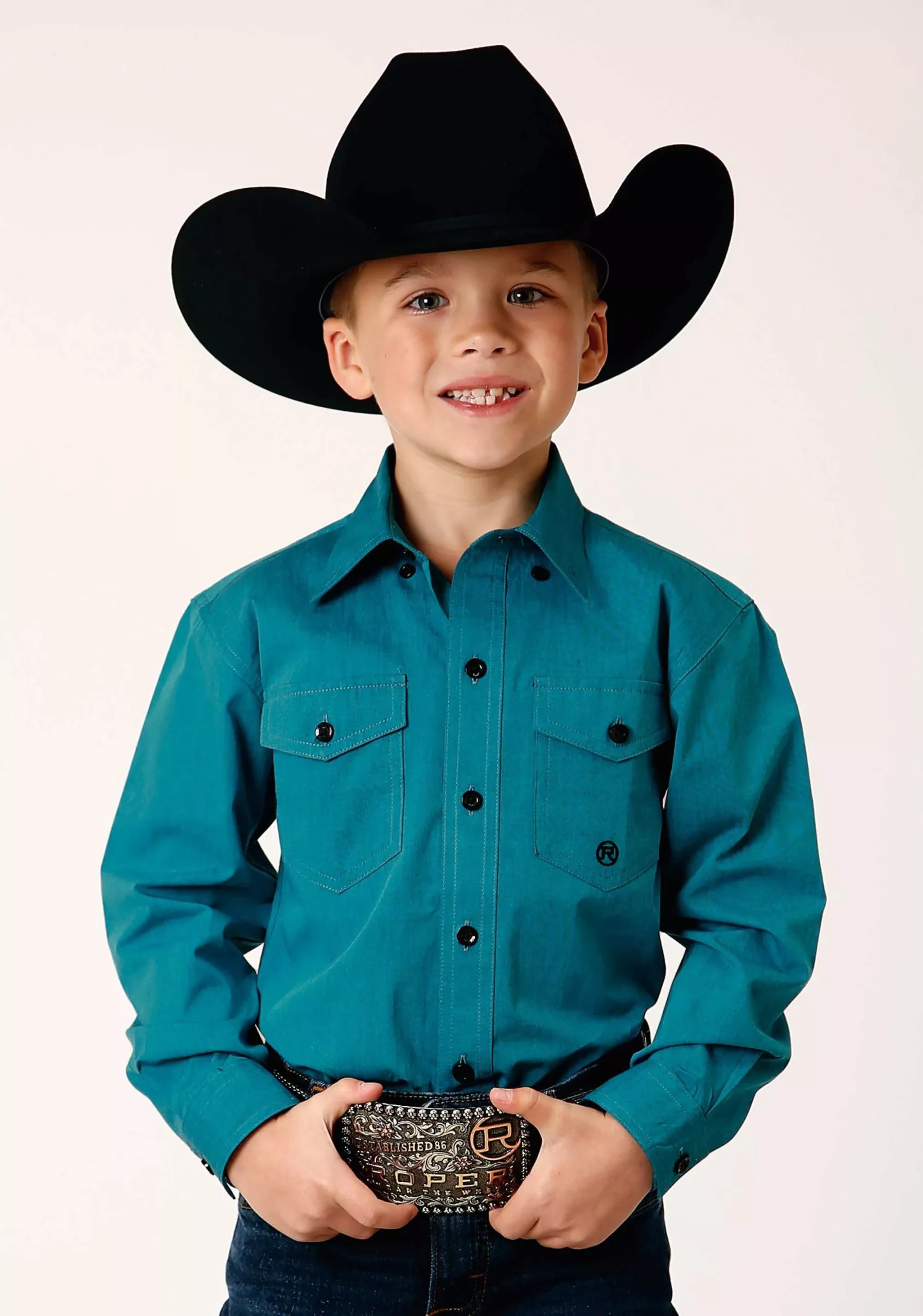 Roper Boys Long Sleeve Button Black Fill Solid Teal Western Shirt