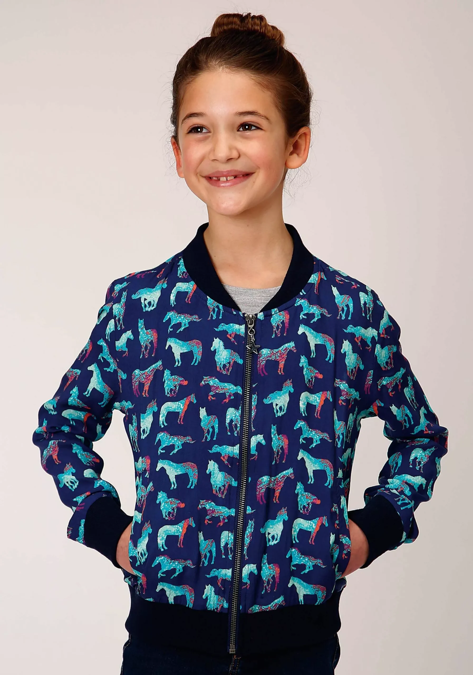 Roper Girls Zip Print Rayon Bomber Style Jacket Front Jacket