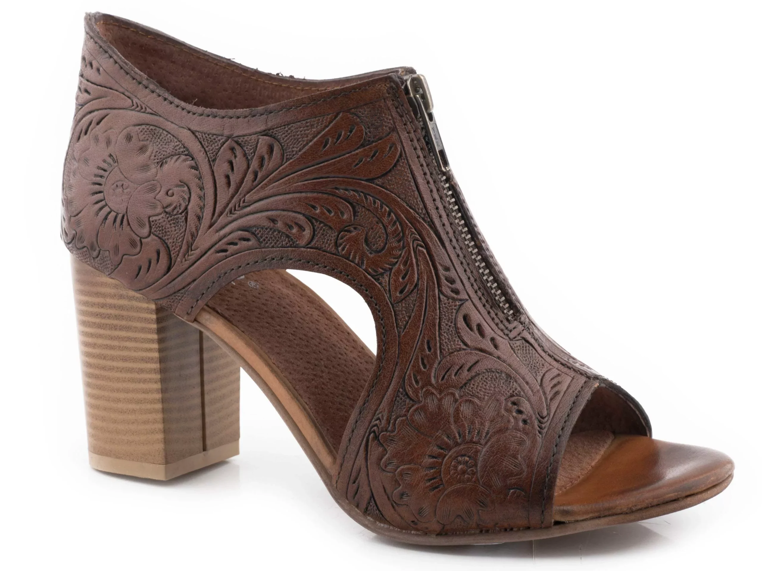 Roper Womens Brown Tooled Leather Front Zip