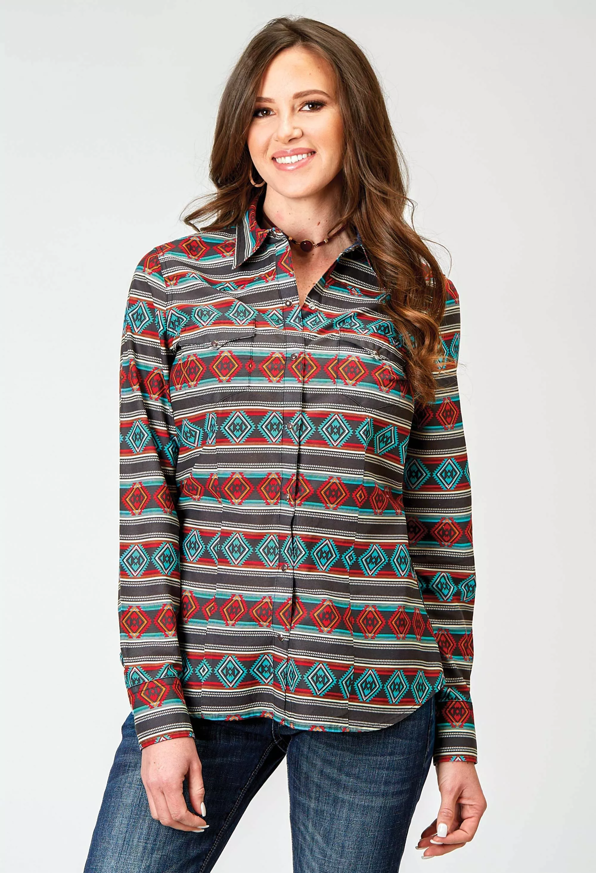 Roper Womens Long Sleeve Snap Aztec Stripe Print Western Shirt