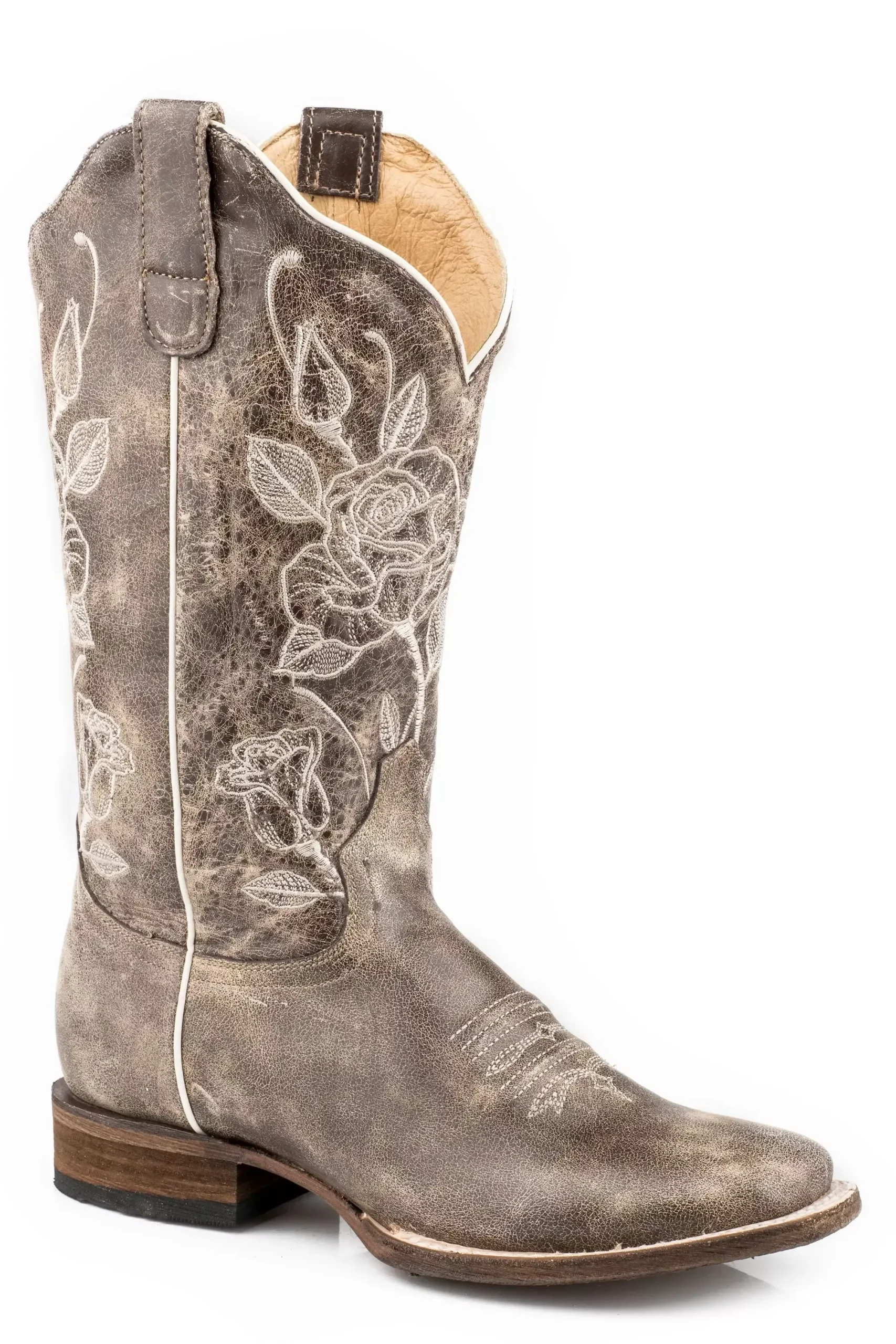 Roper Womens Vintage Brown Leather VampShaft Flextra Boot With Floral Embroidery On Shaft