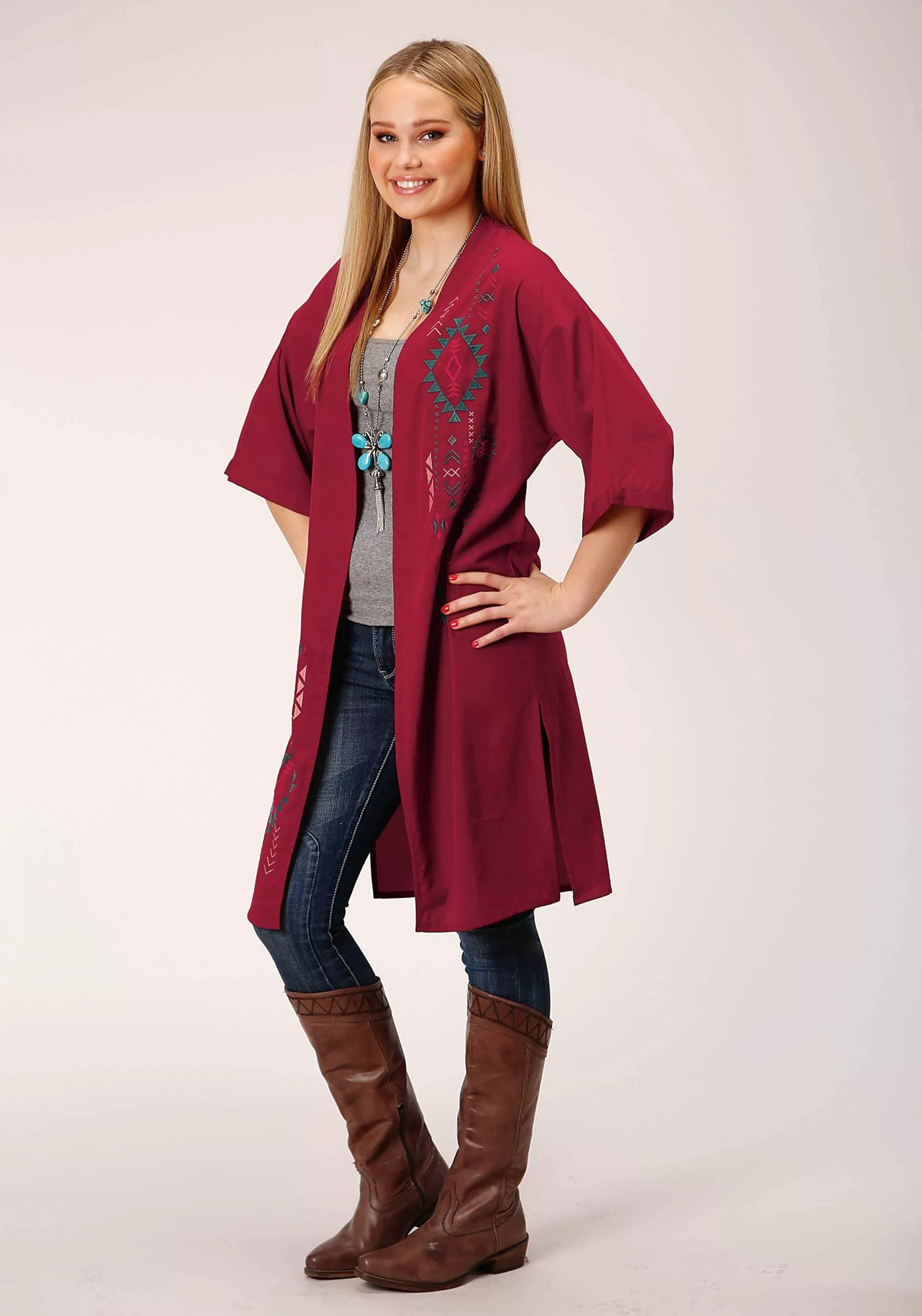 Roper WomensSolid Poly Wine Short SleeveCardigan