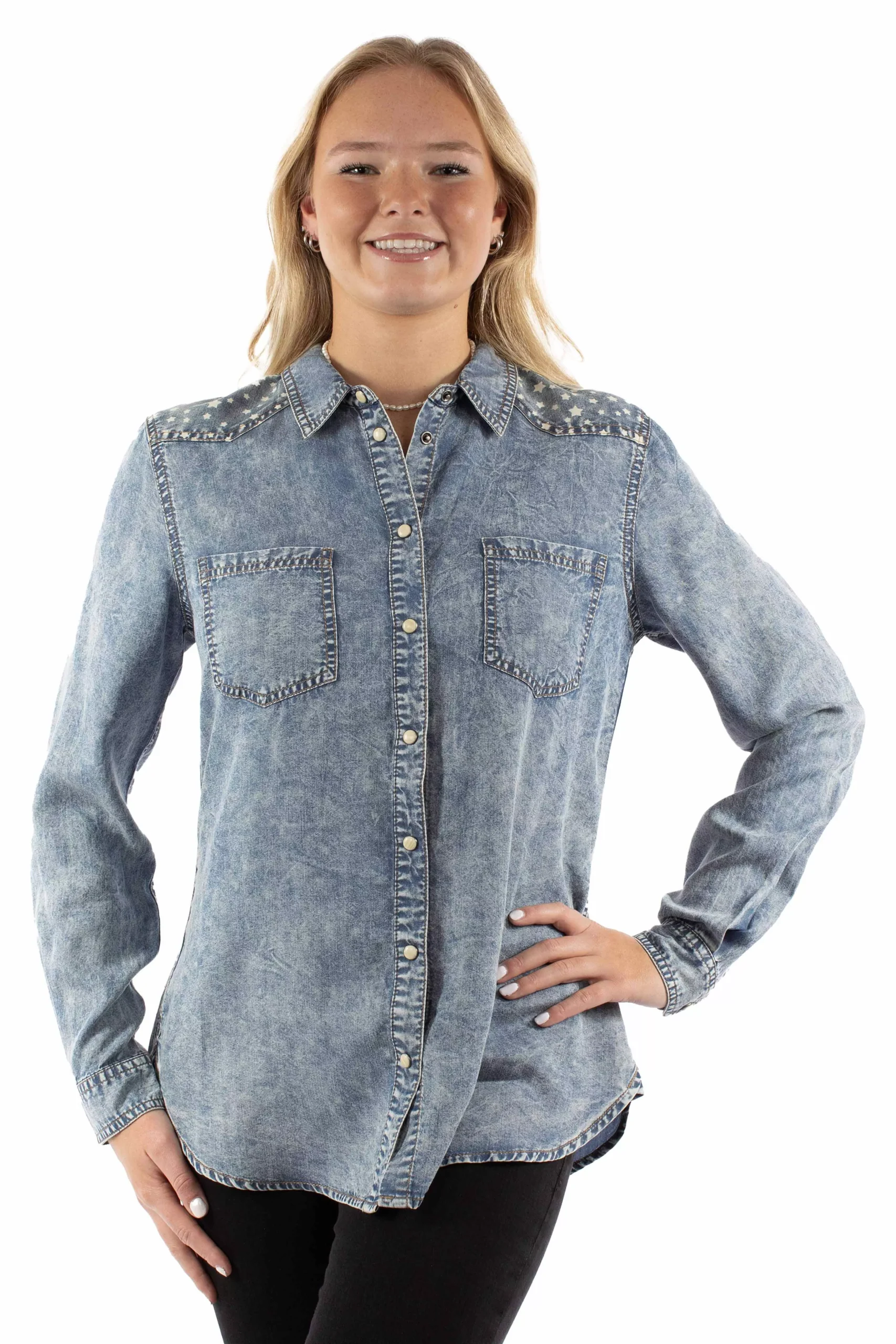 Scully Leather Blue Snap Front Star Yokes Blouse