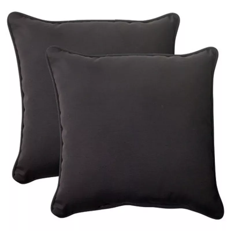 Set of 2 Black Solid Outdoor Corded Square Throw Pillows 18.5 | Pool Central