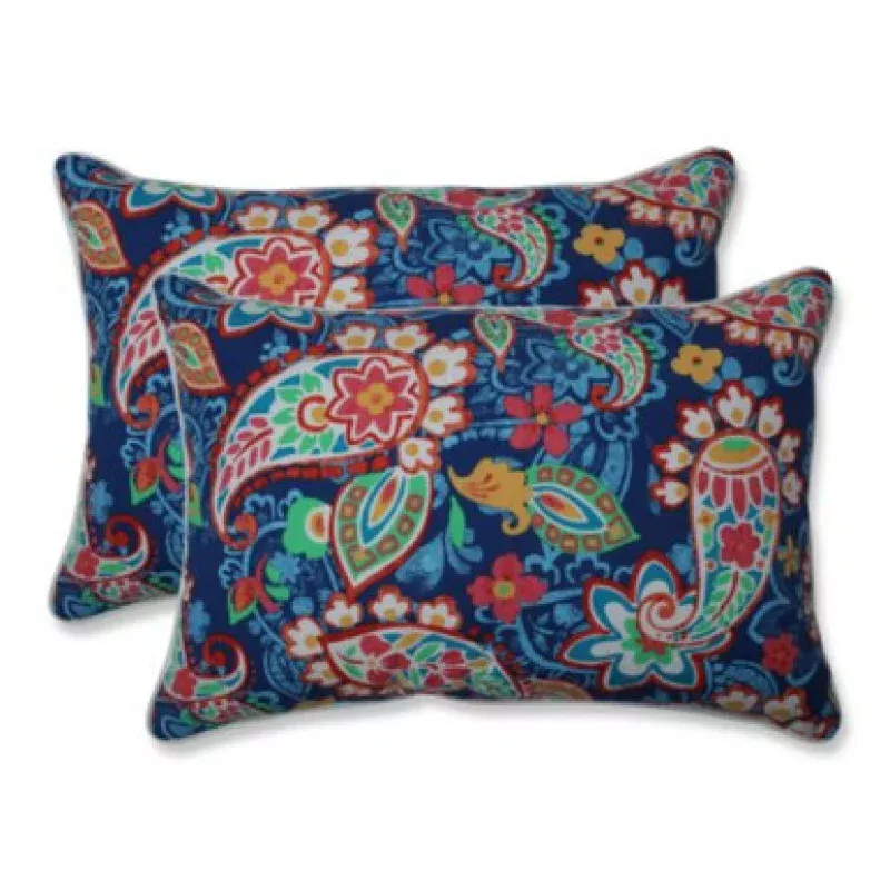 Set of 2 Navy Blue & Red Paisley Patio Over Sized Rectangular Throw Pillows 24.5 | Pool Central