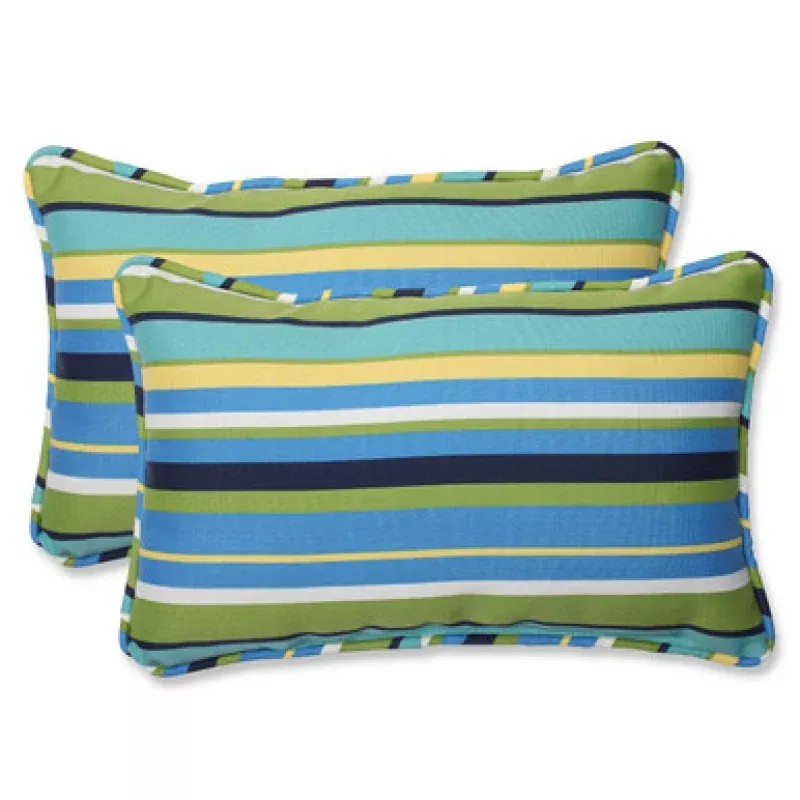 Set of 2 Strisce Luminose Striped Blue & Green Rectangular Outdoor Corded Throw Pillows 18.5 | Pool Central