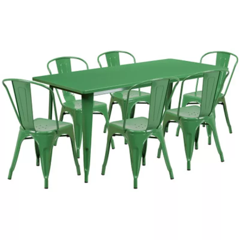 Set of 7 Rectangular Green Metal Indoor or Outdoor Table & Stack Chairs 63 | Pool Central