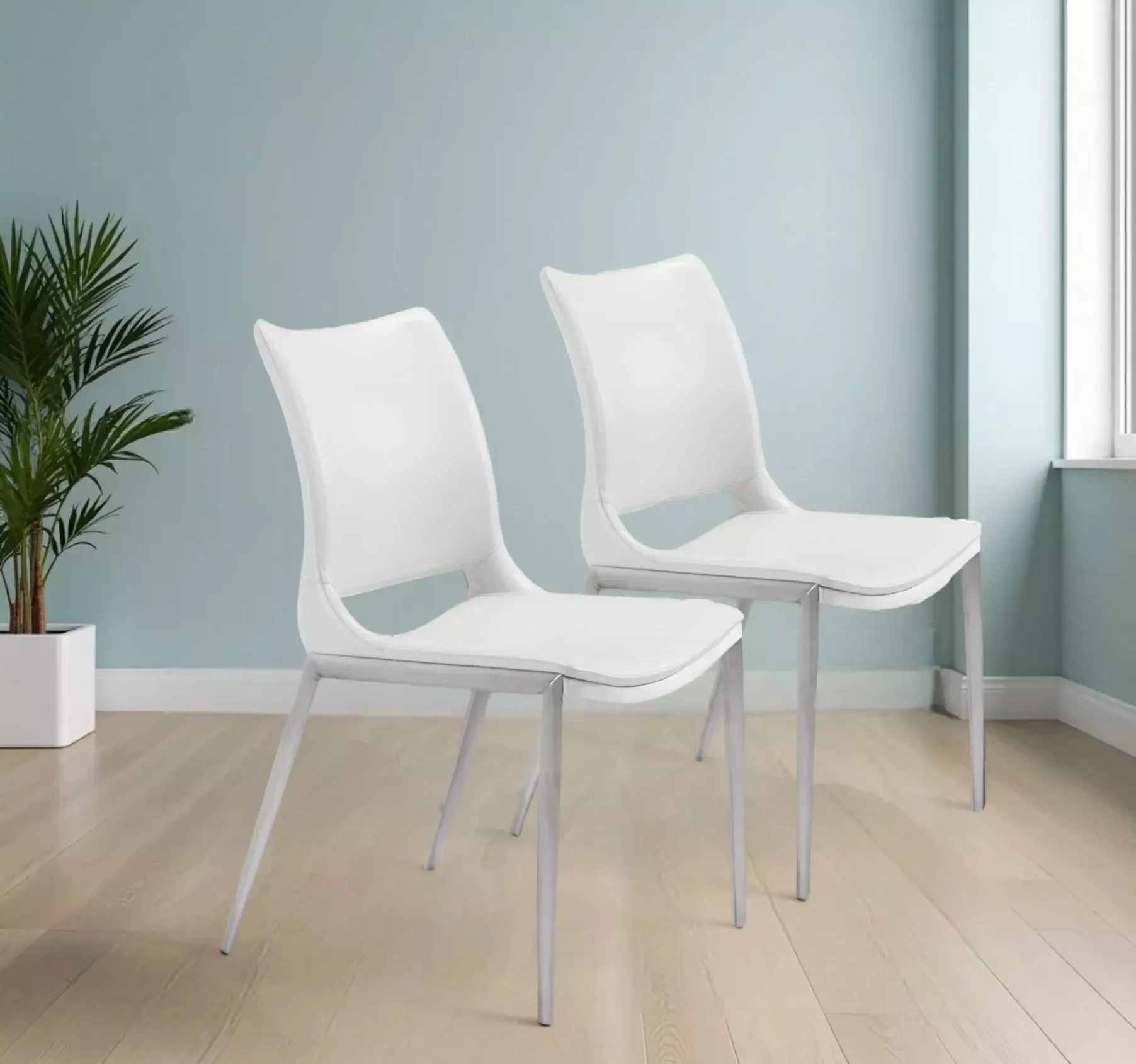 Set of Two White And Silver Upholstered Faux Leather Dining Side Chairs