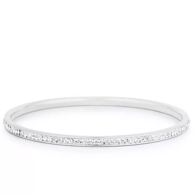 Simple Rhodium Plated Finish Crystal Bangle
