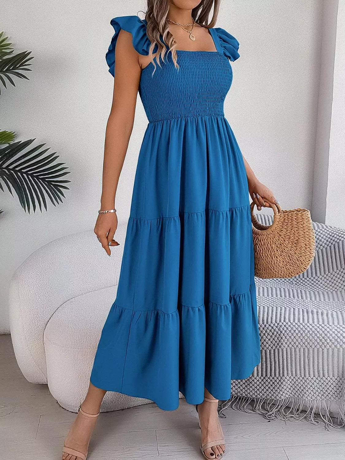 Smocked Square Neck Cap Sleeve Midi Dress