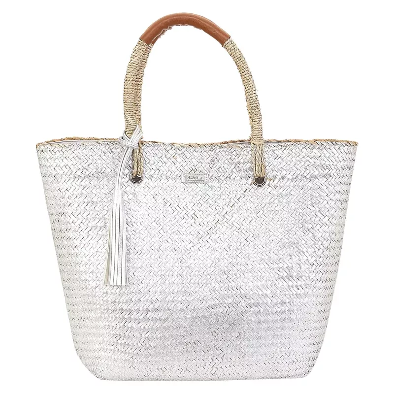 Sun N Sand Silver Metallic Straw Shoulder Tote