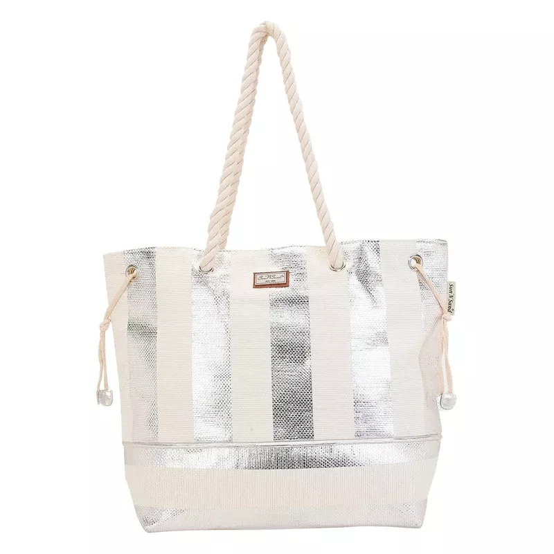 Sun N Sand Silver Metallic Striped Shoulder Tote