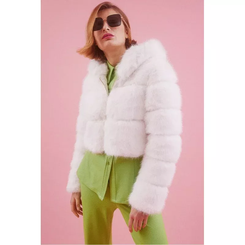 WOMENS WHITE FUR HOODED JACKET